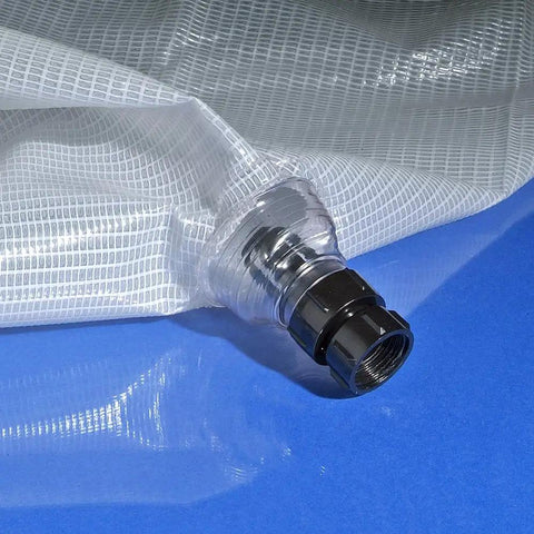 Roof Leak Diverter Bucket Kit For Quick Response And Real World Roof Leak Protection detailing hose connection on vinyl tarp