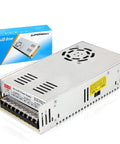 12V 30A 360W Universal Power Supply Adapter for CCTV Cams, PC Builds, and LED Strip Lights with fan and packaging box