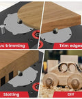 Heavy Duty Universal Router Lift System Aluminum Insert Plate No Sweat Setup For 3.5 Inch Motors showing arc trimming, edge trimming, and slotting features.