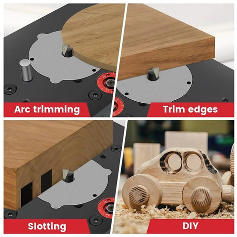 Heavy Duty Universal Router Lift System Aluminum Insert Plate No Sweat Setup For 3.5 Inch Motors showing arc trimming, edge trimming, and slotting features.