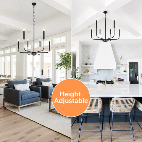 Six Light Industrial Black Chandelier For Dining Room And Living Space Dope Modern Farmhouse Pendant Light Hanging Ceiling Fixture in living and kitchen areas with height adjustable feature.