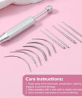 All-In-One Piercing Tool Set With Ball Grabber And Tapers 14G 16G 18G 20G stainless steel insertion pins displayed on pink surface