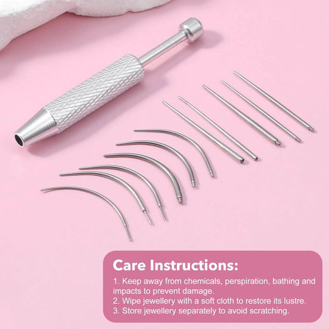 All-In-One Piercing Tool Set With Ball Grabber And Tapers 14G 16G 18G 20G stainless steel insertion pins displayed on pink surface
