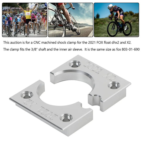 Shock Shaft Clamp And Vise Block For 2021 Fox Float X2 DHX2 Ride Ready Mountain Bike Upgrade CNC Machined Three Eighths Shaft Clamp Fits Inner Air Sleeve Compatible With 803-00-805 And 803-01-690 Same Size As Fox 803-01-690 displayed in silver metal