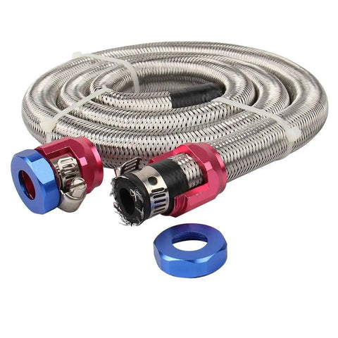 Three Foot 6AN Stainless Steel Braided Fuel Line Hose Kit With Two AN6 Fittings Universal For Racing Fuel Gas Coolant And Transmission Fluid Three Eighths Inch ID High Pressure Pro Grade showing coiled hose and fittings