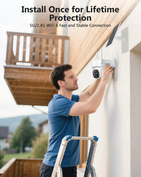 Man installing 5G Solar Wireless Security Cameras Outdoor, 2K Home Surveillance on exterior wall, ladder and balcony visible.