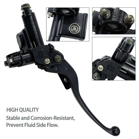Left Hydraulic Brake Master Cylinder Lever Pump Replacement For 50cc To 250cc ATVs Quad Dirt Bikes Moped And More Durable High Quality Fit For Small Engine Rides And Aftermarket Upgrades close-up view.