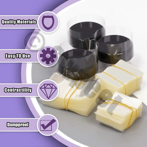 Clear PVC Heat Shrink Bottle Band Kit With 1200 Pieces In Six Sizes, shown with quality materials and ease of use icons.