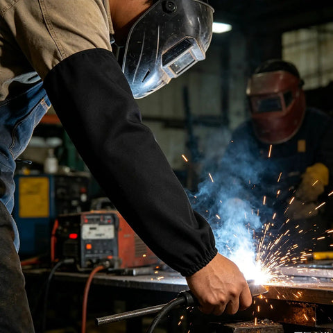 Heavy Duty Fireproof Welding Sleeves Heat Resistant Arm Guards Tough As Nails protecting arms while welding sparks fly.