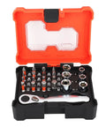 23 Piece Socket Wrench Set Featuring A Slick 72 Tooth Ratchet And Sixteen Tough S2 Bits For Real Deal Auto Grind And Weekend Warrior Garage Projects Accessories in a black and orange case.