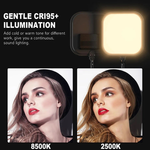 Two Pack 15W LED Video Light Kit showing 8500K and 2500K lighting effects on model