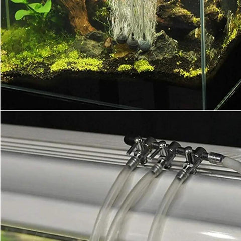 Heavy Duty Aquarium Air Pump Flow Control Valve With Hella Reliable Multiway Regulation And Solid Copper Nickel Silver Tone Finish For Your Fish Tank Setup Guaranteed, shown with tubes and air bubbles in aquarium.