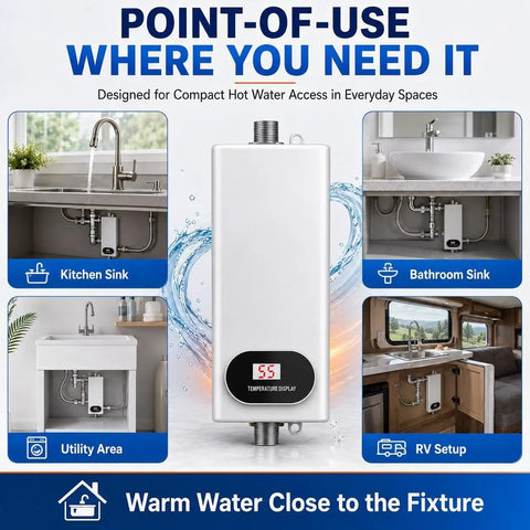 Compact Tankless Electric Water Heater Brings Straight Up Instant Hot Water On Demand under kitchen and bathroom sinks.