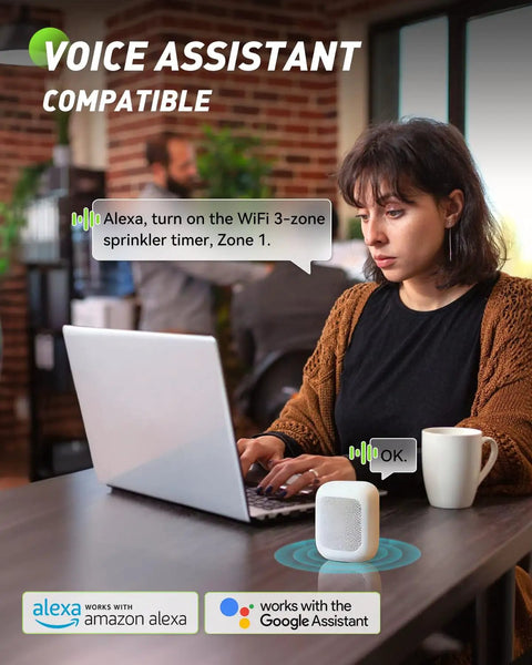 Person using voice control with Alexa for 3 Zone WiFi Sprinkler Timer With Smart Gateway Brass Inlet And Outlet Voice Control System