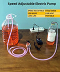 Food Grade Electric Water Transfer Pump With Hassle Free Adjustable Flow For 5 Gallon Jugs shown with pink tubing and jugs.