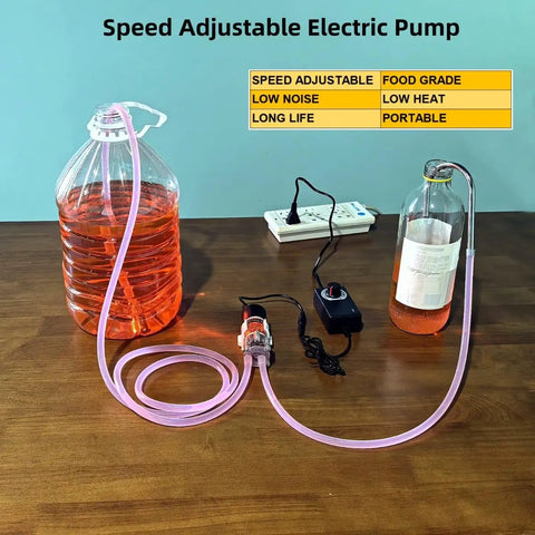 Food Grade Electric Water Transfer Pump With Hassle Free Adjustable Flow For 5 Gallon Jugs shown with pink tubing and jugs.