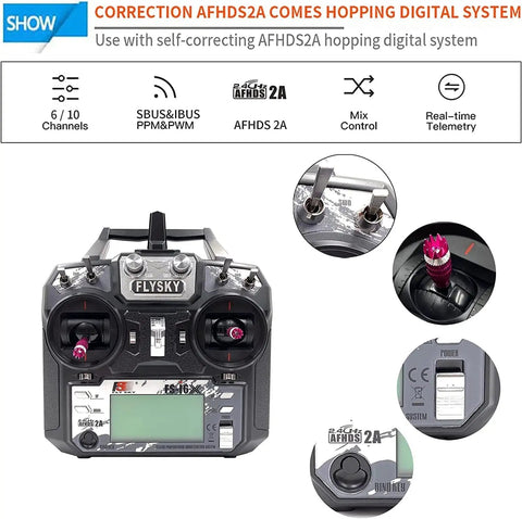 Six To Ten Channel 2.4GHz AFHDS RC Transmitter With Bidirectional Data Capable Receiver showing controls and telemetry screen