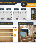Straight Shooter Laser Measure 165 Ft Range Digital Distance Meter showing unit conversion options and electronic level features.