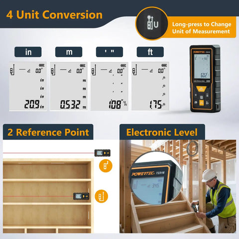 Straight Shooter Laser Measure 165 Ft Range Digital Distance Meter showing unit conversion options and electronic level features.