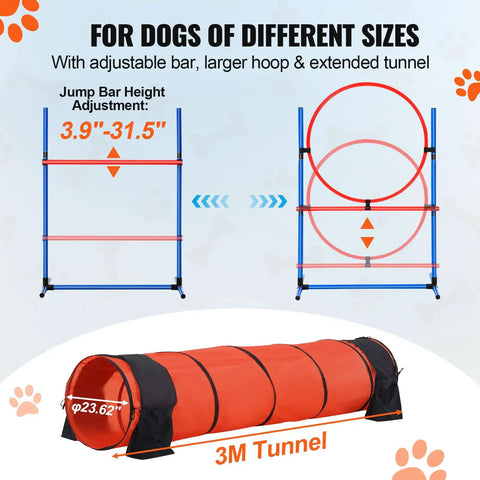 Dog Agility Training Gear Set With Adjustable Hurdles And Extended Tunnel showing jump ring and 3M tunnel dimensions