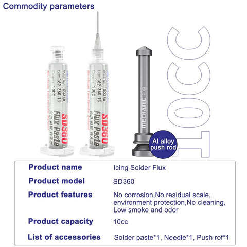 Image showing SD360 No Clean Solder Flux Paste Ultra Low Residue Low Smoke Transparent Welding Flux, two syringes, and push rod.