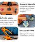 Compact Foldable Electric Stacker With 1543 Lbs Lifting Capacity, Emergency stop switch and nylon casters close-up