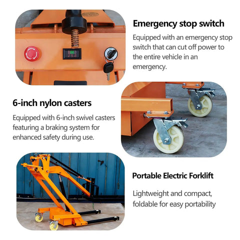 Compact Foldable Electric Stacker With 1543 Lbs Lifting Capacity, Emergency stop switch and nylon casters close-up