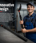 Heavy Duty Telescopic Pry Bar Locking Adjustable Angle 29 To 48 Inch Extendable Crowbar held by a worker in blue overalls.