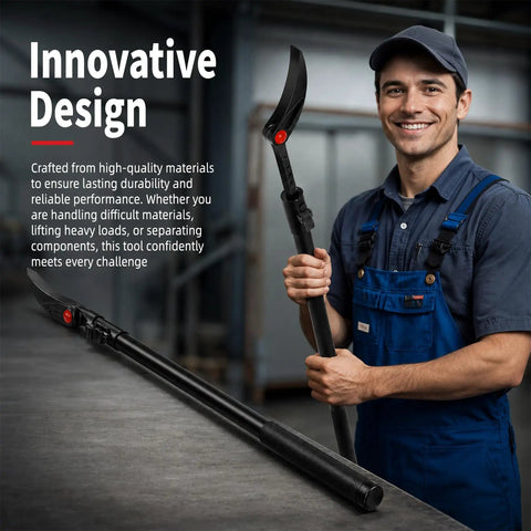 Heavy Duty Telescopic Pry Bar Locking Adjustable Angle 29 To 48 Inch Extendable Crowbar held by a worker in blue overalls.