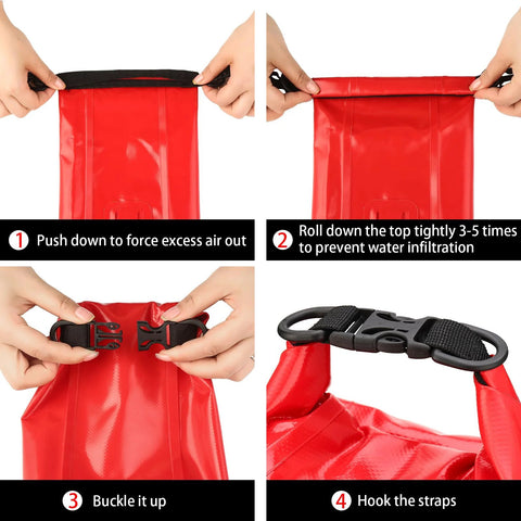 Red waterproof roll-top first aid kit bag with black buckle straps.