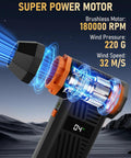 Electric Air Duster With 180000 RPM Brushless Motor, displaying motor speed and wind pressure on digital screen.