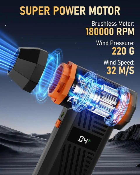 Electric Air Duster With 180000 RPM Brushless Motor, displaying motor speed and wind pressure on digital screen.