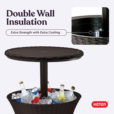 Outdoor Bar Table With 7.5 Gallon Beer And Wine Cooler Hidden Cooler Lid Lifts For Easy Access Portable Patio Side Table In Espresso Brown with lid closed showing drinks inside cooler.