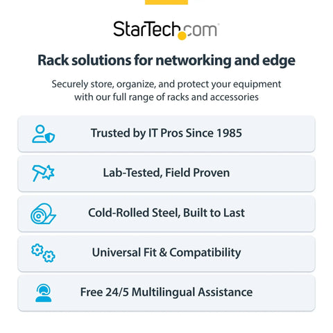 StarTech Heavy Duty 4U Wall Mount Network Rack Featuring No Sweat Assembly For Shallow Servers Switches And Patch Panels infographic.