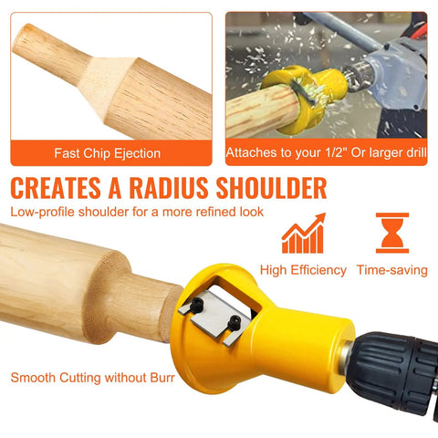 DIY Tenon Cutter Kit For Log Furniture Making With 1 Inch, 1.5 Inch And 2 Inch Blades, tool attached to drill in use, close-up