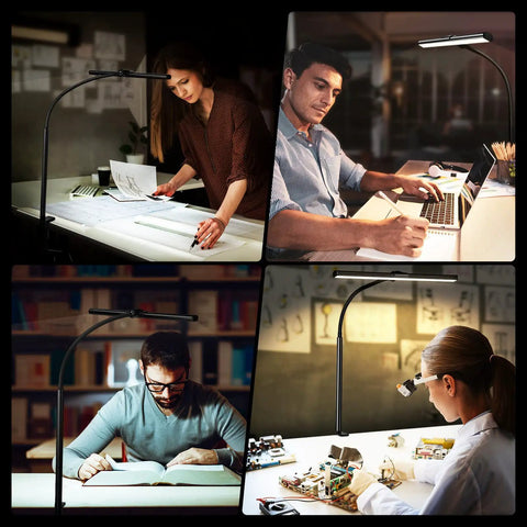 Clip On Desk Lamp With Clamp 360 Degree Swing Arm Gooseneck Task Light for office and home use, showing various applications