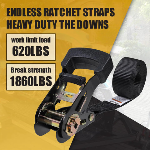 Heavy Duty Endless Ratchet Straps No Hook Setup One Inch By Eight Feet 1860 Pound Break Strength close-up of ratchet mechanism.