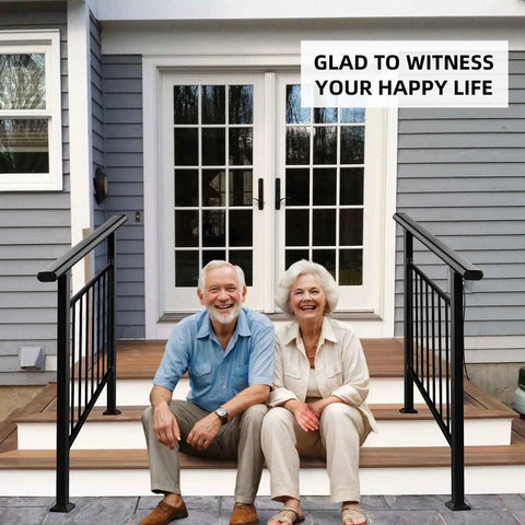 Top Tier Adjustable 5 Step Handrail Kit Straight Up Safety Driven Fence Style Stair Railing For Indoor Outdoor Porch Deck Steps Heavy Duty Build Zero Fuss Assembly 63 By 38 with happy couple seated on steps.