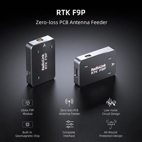 RTK F9P Centimeter GPS Drone Pro Grade High Precision Positioning Module Receiver with PCB Antenna Feeder on black background