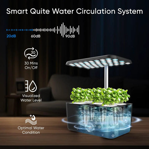 Indoor Hydroponic Garden System With Full Spectrum LED Grow Light And Quiet Smart Water Pump, 5 Pods shown in living room