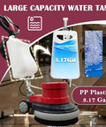 Heavy Duty 17 Inch Floor Scrubber Polisher With 1100W Motor, showing large capacity 3.17-gallon water tank and PP plastic material.