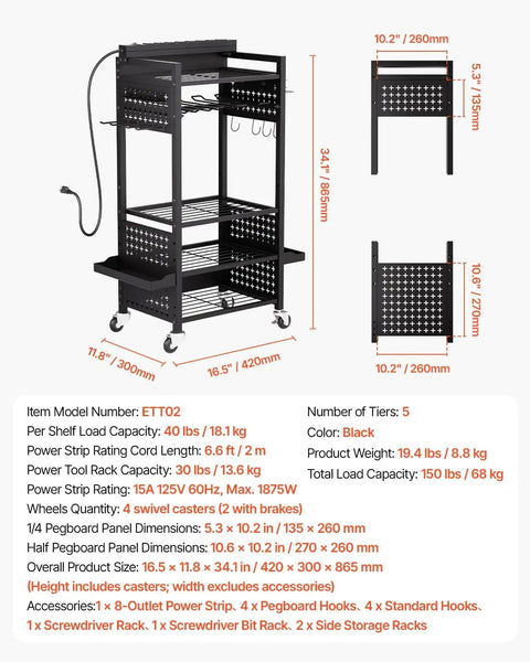 5 Tier Tool Cart With Charging Station And Eight Outlet Bank On Wheels, dimensions and capacity details displayed.