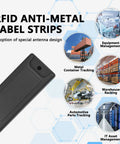 Set Of 10 UHF RFID Anti Metal Tag Strips With Long Reading Range, Waterproof Outdoor Asset Tracking Tags For Industrial Grade Use On Metal Surfaces, ABS Construction For Durable Rugged Performance displayed with usage icons.