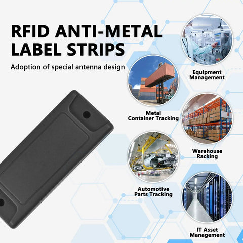 Set Of 10 UHF RFID Anti Metal Tag Strips With Long Reading Range, Waterproof Outdoor Asset Tracking Tags For Industrial Grade Use On Metal Surfaces, ABS Construction For Durable Rugged Performance displayed with usage icons.