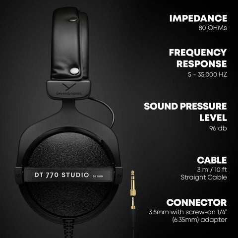 DT 770 Studio 80 Ohm Closed Back Over Ear Wired Studio Headphones, black with specs displayed, includes 3m straight cable
