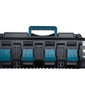 Front view of Four Port Battery Charger Station for 14.4V to 18V Lithium Tool Batteries With Two USB A Ports Rapid Simultaneous Charging.