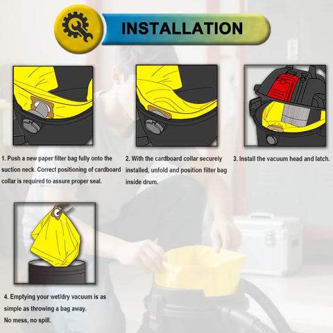 Installation steps for 15 Pack Type D Replacement Vacuum Bags For 4 Gallon Shop Vac AllAround Plus E87 FloorMaster Vacs