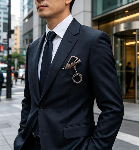 Man in suit with Infinity Forever Match Lighter With Multitool Keychain Bottle Opener for Outdoor Survival clipped to pocket