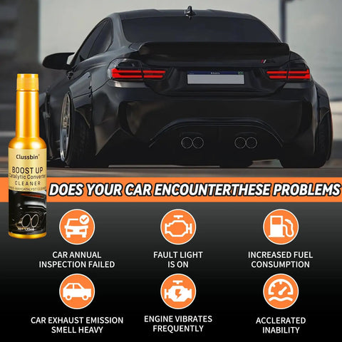 Car with Catalytic Converter Cleaner Kit Four Pack For Engine And Exhaust System Carbon Removal Additive packaging displayed.