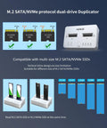Skip The Hassle With This Knockout M2 NVMe SATA SSD Cloner Double Bay Duplicator Enclosure Tool Free Offline Copy Station USB Adapter PCIE NGFF Storage Units, featuring dual-drive slots and compatibility with various M.2 SSD sizes.